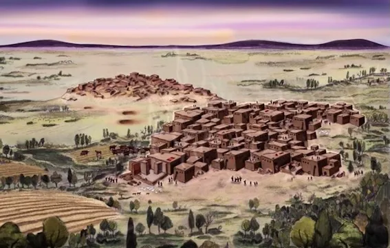 Arka planda Doğu Höyük ve ön tarafta Batı Höyük manzarası (Çatalhöyük Araştırma Projesi’ne aittir) Görsel kaynak: http://www.catalhoyuk.com/tr/content/bati-hoyuk